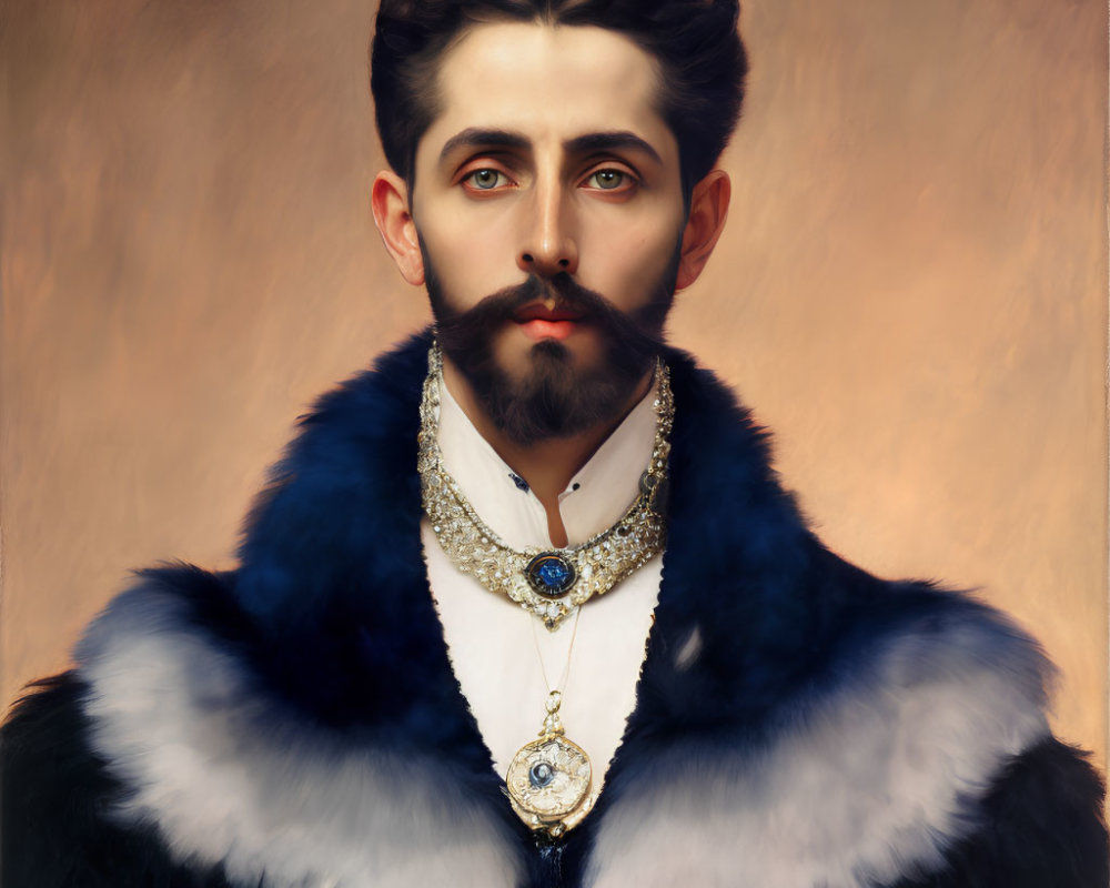 Intense portrait of a man with stylized beard and fur collar