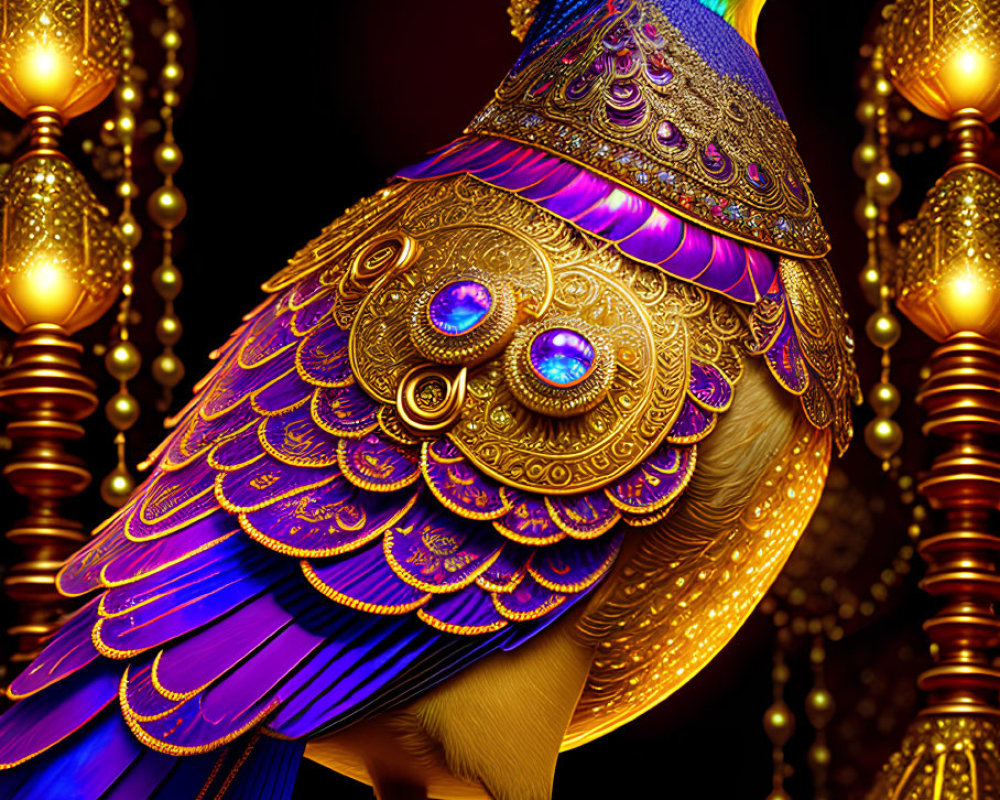 Colorful digitally enhanced peacock with golden and purple hues on dark background