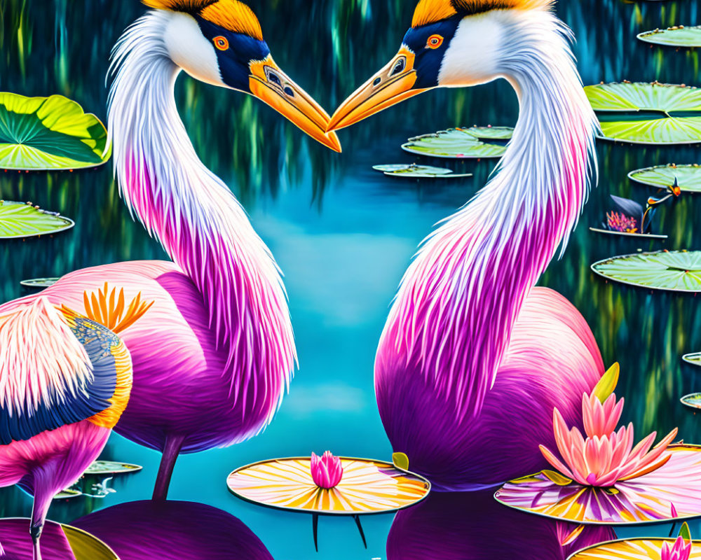 Stylized vibrant flamingos in heart shape by tranquil pond