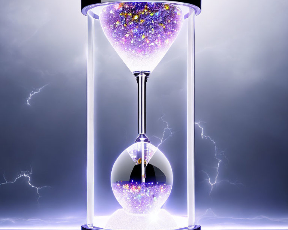 Hourglass with galaxy-like substance, glowing in purple hues with lightning bolts on dark background