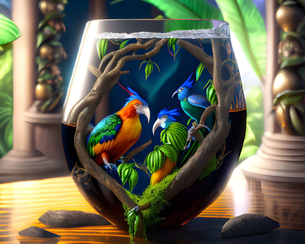 Colorful stylized birds in fishbowl with magical ambiance