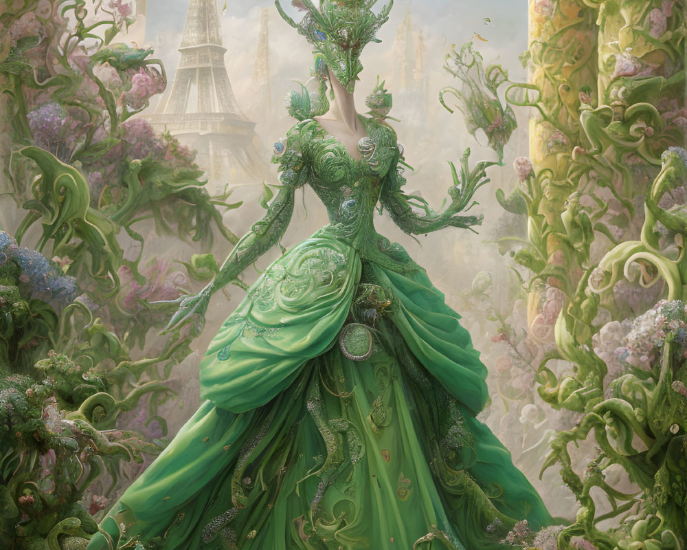 Majestic green-clad figure with intricate vines in fantasy setting