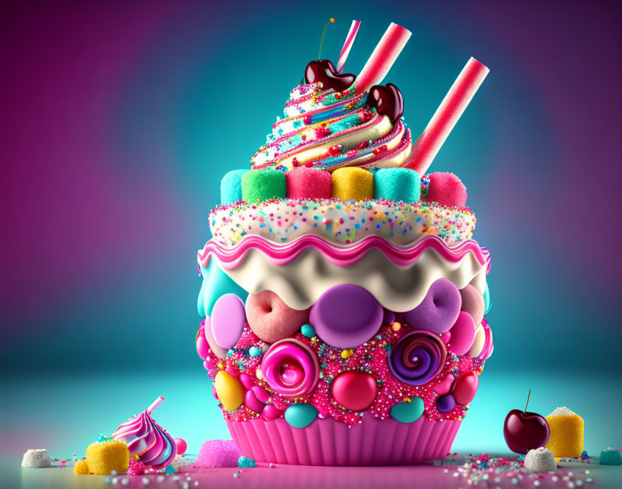 Colorful cupcake with sprinkles, candies, and cherry on vibrant pink and blue background