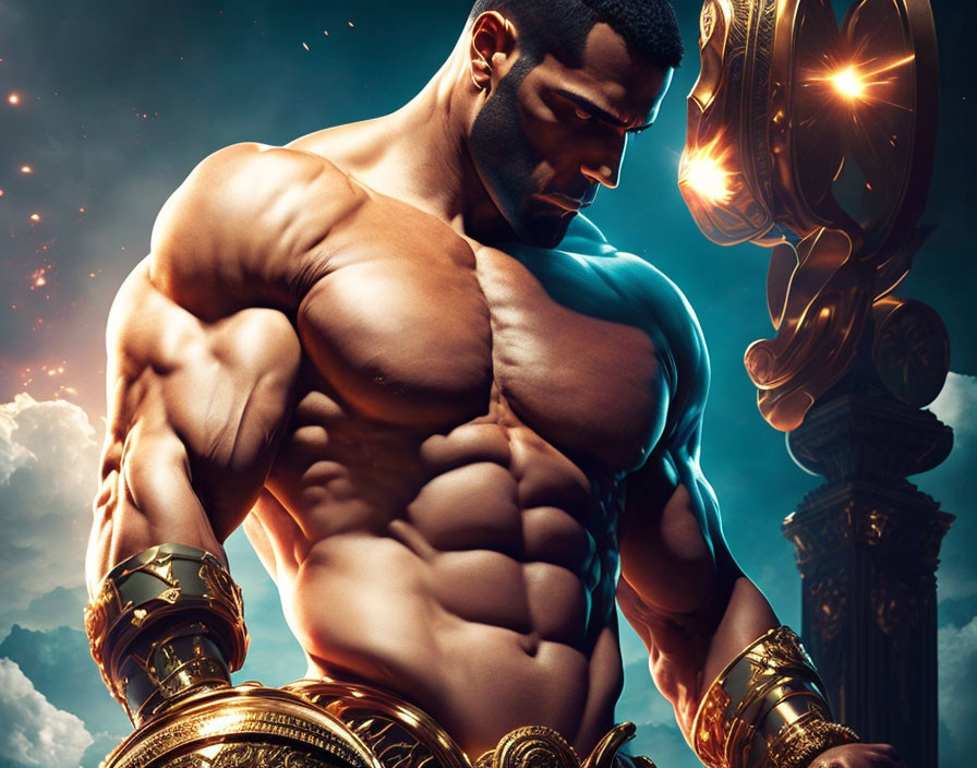 Muscular animated character with golden armlets and dark beard in dramatic setting.