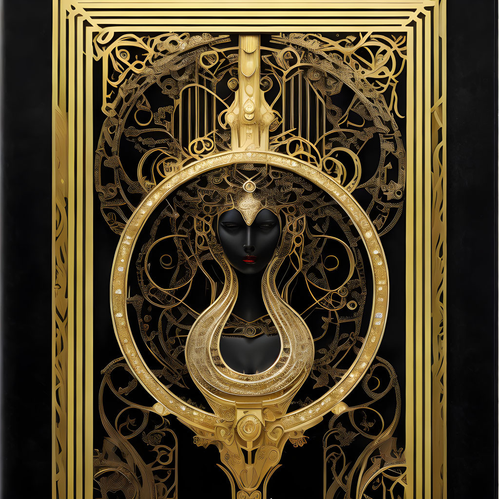 Intricate gold and black artwork with stylized female figure.