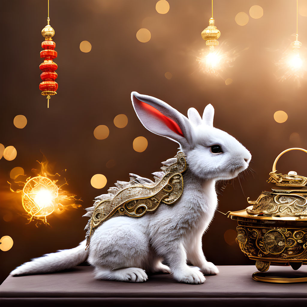 White Rabbit in Golden Armor with Teapot and Lanterns on Table