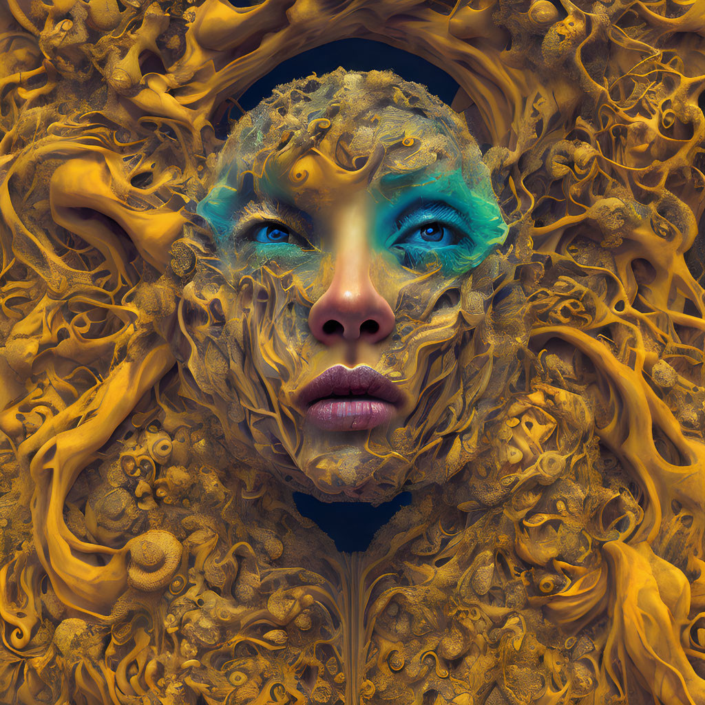 Surreal portrait with blue eyes on golden textured background