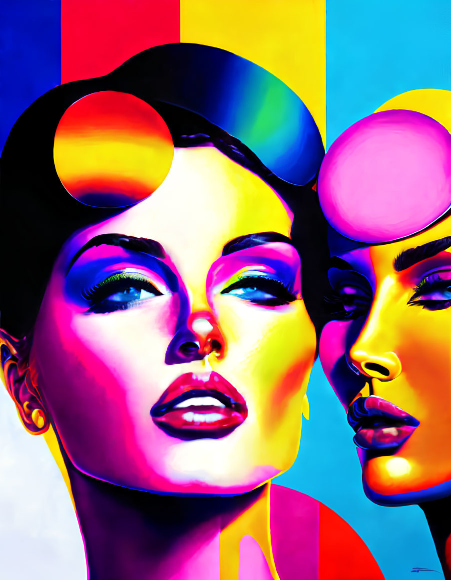 Colorful digital artwork of two women's faces with bold makeup