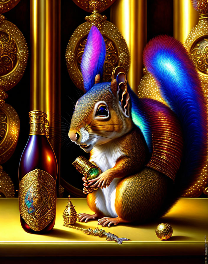 Colorful squirrel illustration with ornate bottle amidst golden decor.