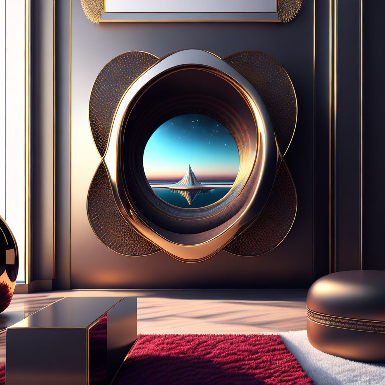 Luxurious modern room with circular ocean-view window and geometric decor