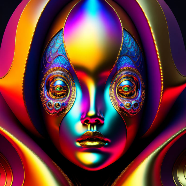 Vibrant surreal face with intricate patterns and multiple eyes on dark background