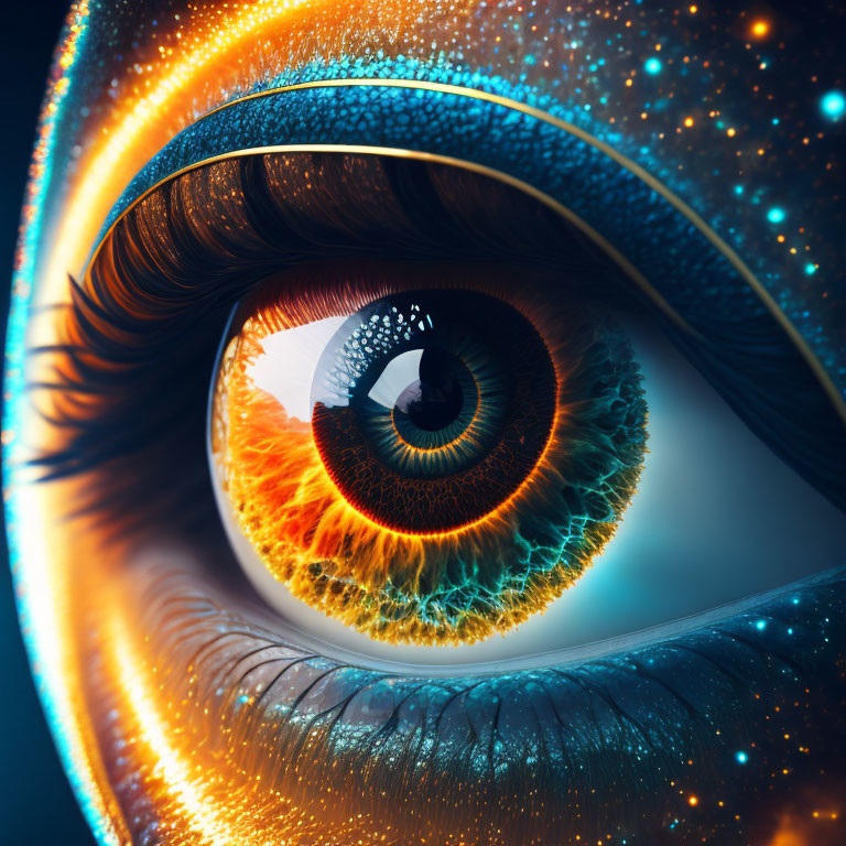 Detailed digital artwork of vibrant blue and orange human eye.