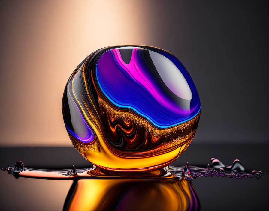 Multicolored glass orb with marbled pattern reflecting on glossy surface