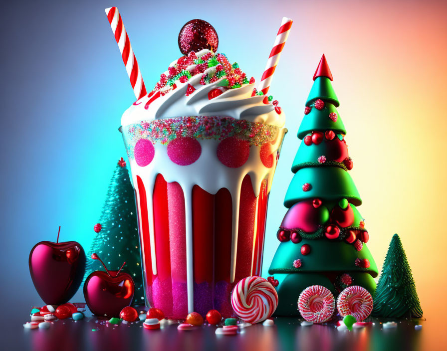 Vibrant Christmas-themed still life with milkshake, candy canes, apples, sweets, and