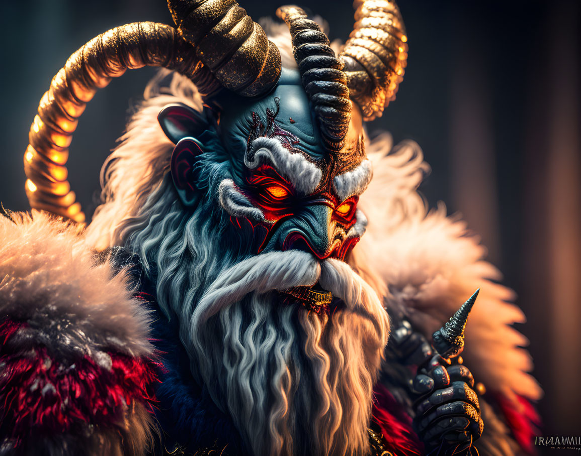 Mythical creature with horns, red eyes, white beard, traditional attire, and small blade