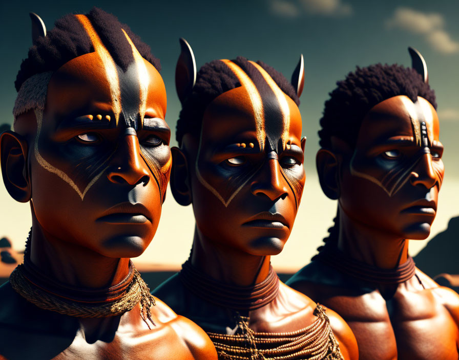 Three digital characters with tribal face paint in orange-hued sky.