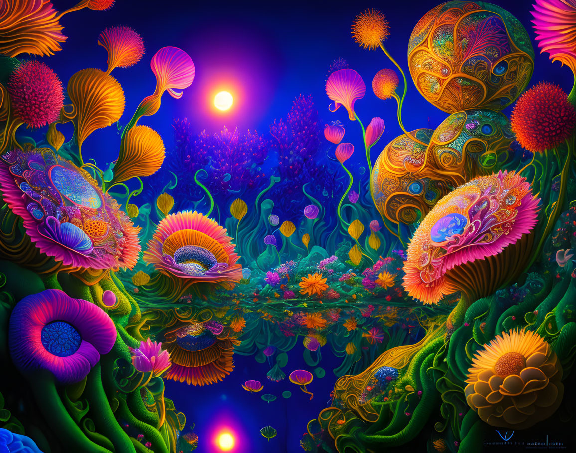 Colorful Surreal Artwork: Psychedelic Underwater Scene with Glowing Orb