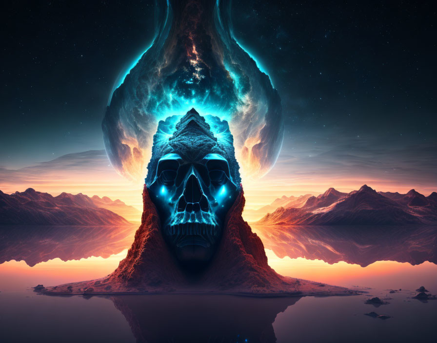 Skull-shaped island with blue aura, mountains, starry sky