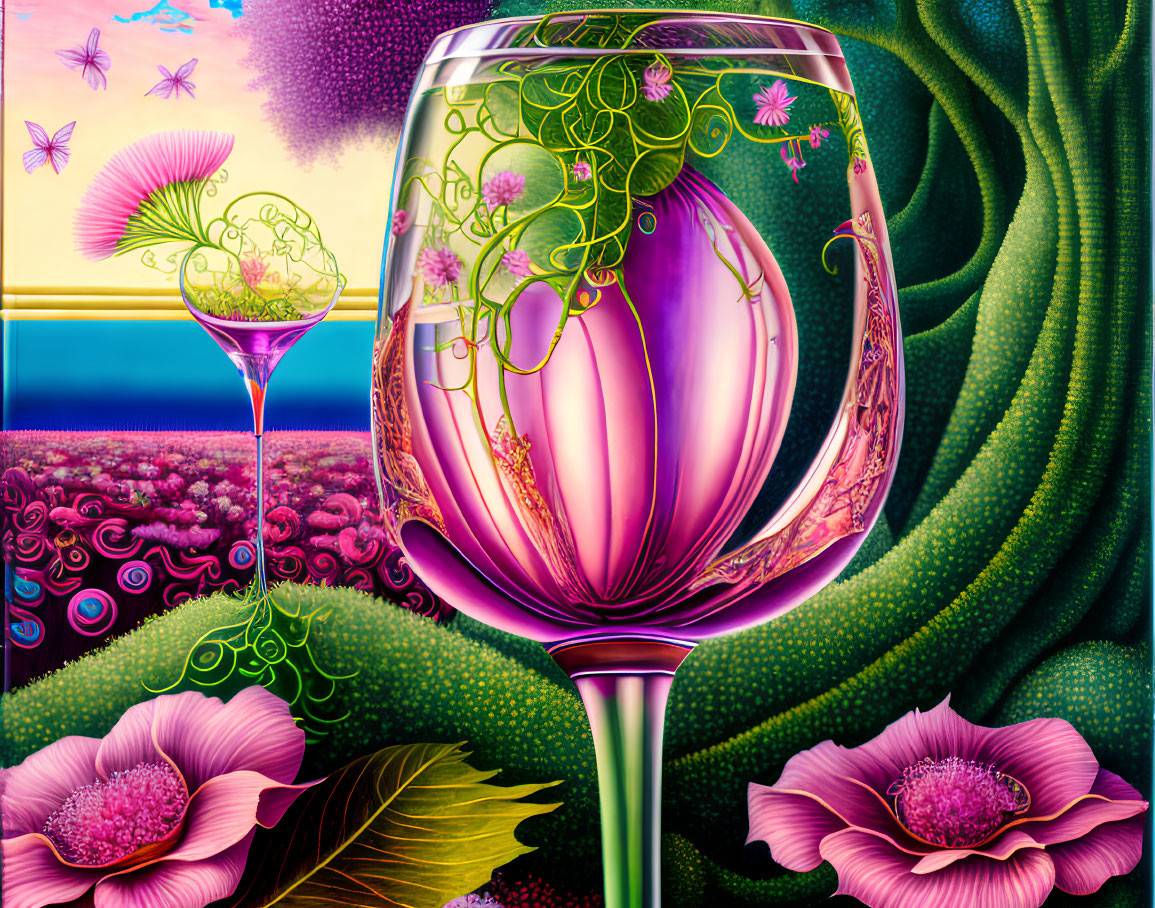 Surreal and vibrant wine glass with whimsical ecosystem in psychedelic setting