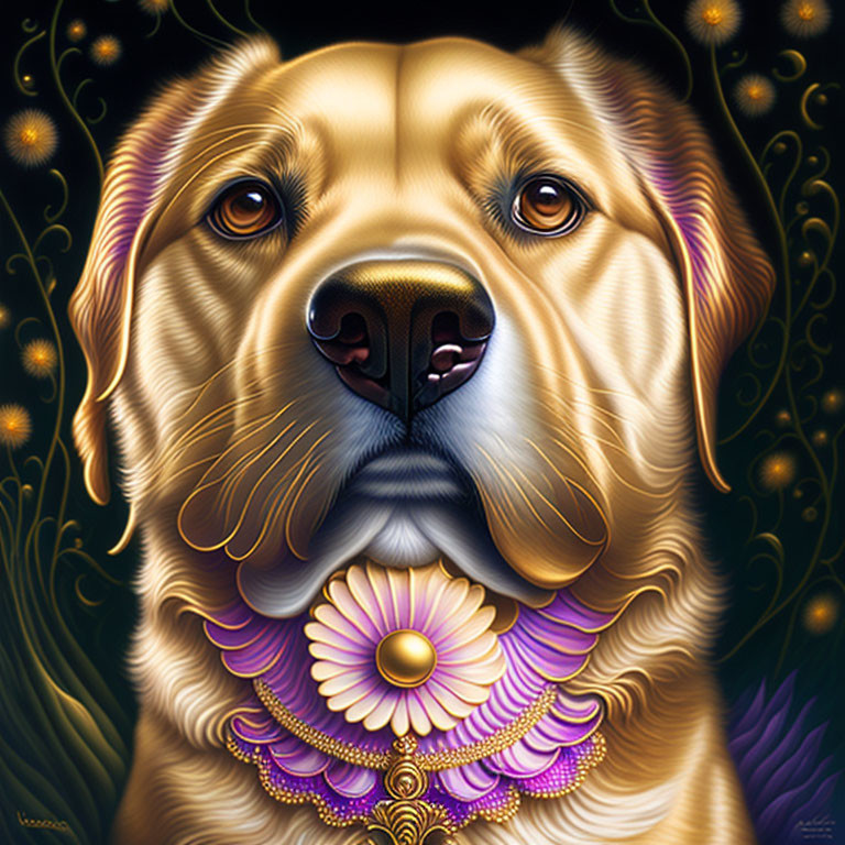 Golden Retriever Illustration with Mystical Style and Vibrant Colors