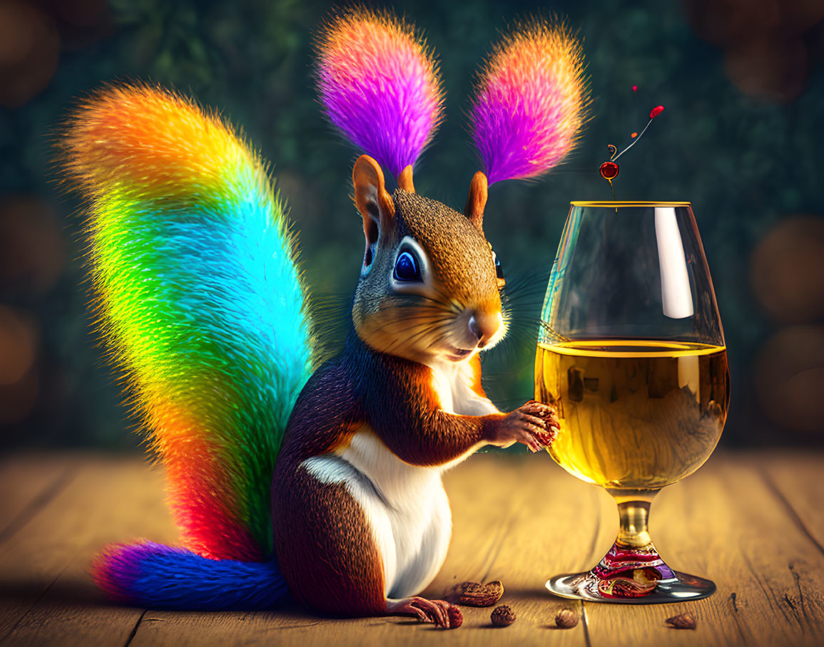 Colorful squirrel with acorn and wine glass in whimsical scene