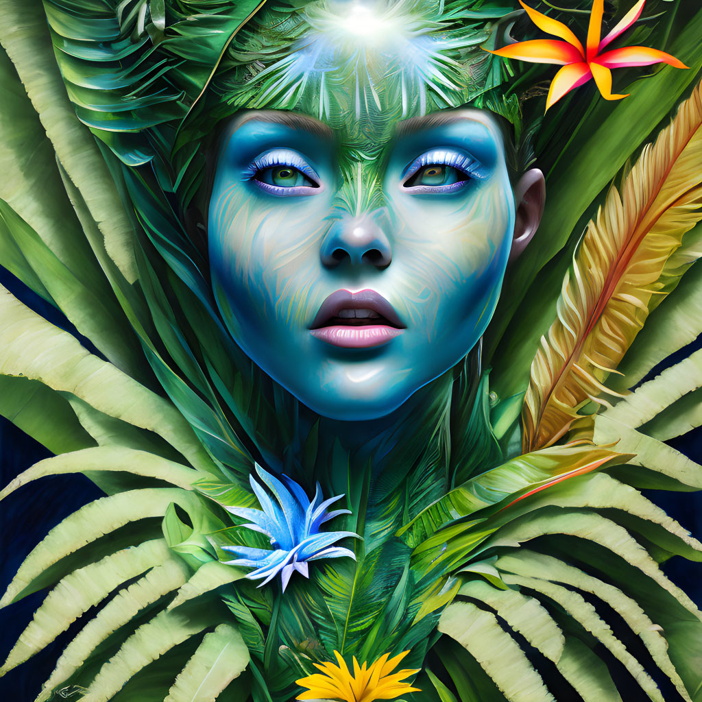 Colorful digital portrait of person with blue skin in lush green foliage with tropical flowers