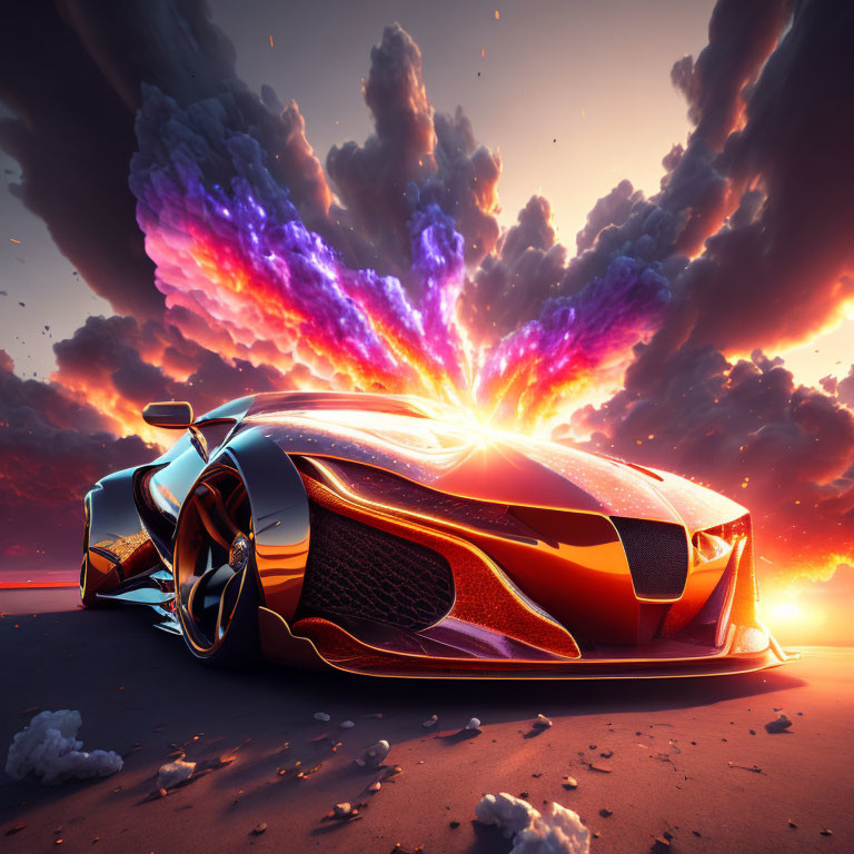 Orange and black futuristic sports car on beach at sunset with vibrant clouds and glowing horizon