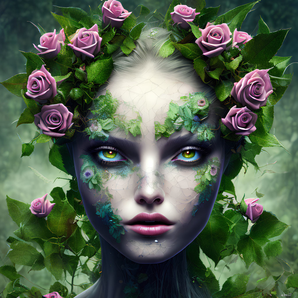 Digital artwork: Pale-skinned woman with vibrant eyes, roses, and greenery in mystical forest.