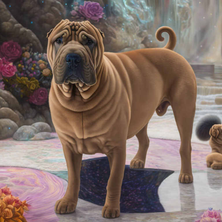 Shar Pei Dog in Fantasy Landscape with Colorful Flowers and Pastel Clouds