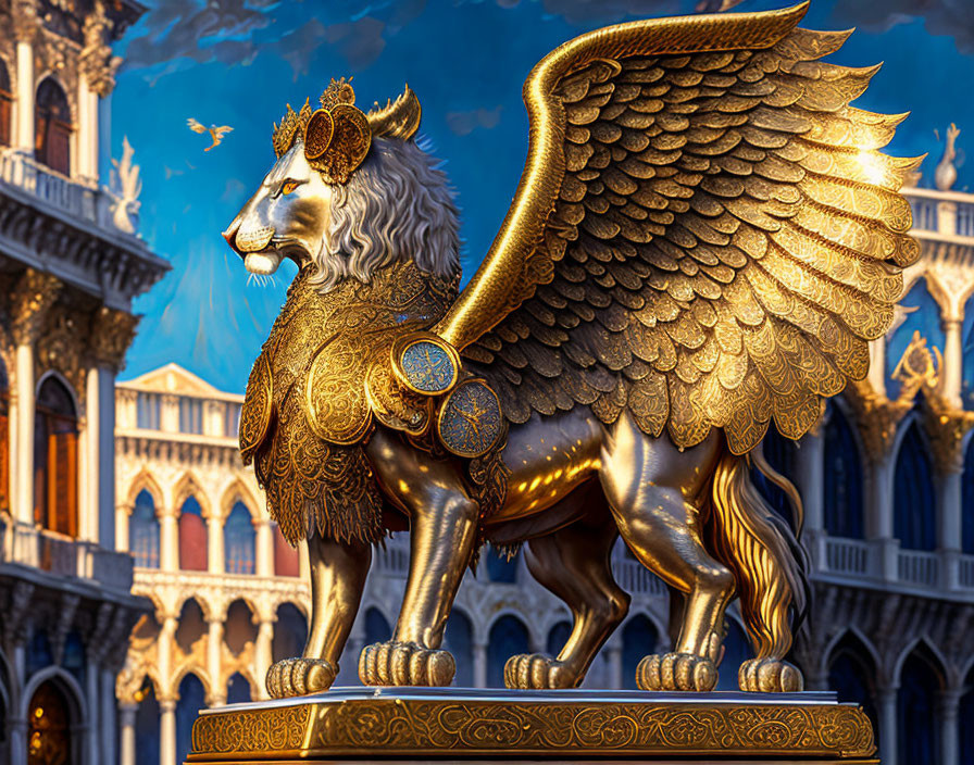 Golden winged lion statue with armor and crown against ornate Venice backdrop