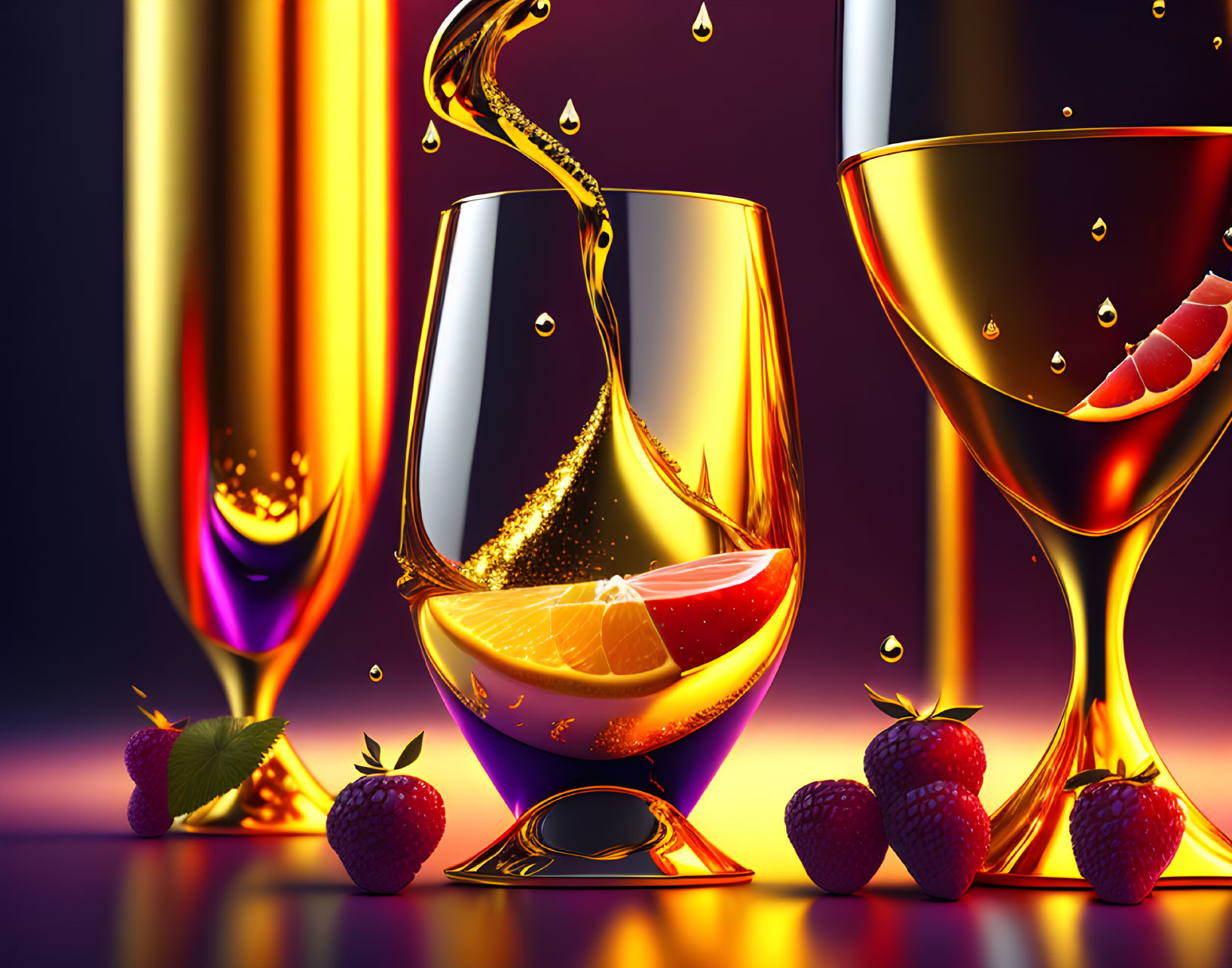 Golden liquid and fruit slices in glasses with strawberries on reflective surface against purple backdrop.