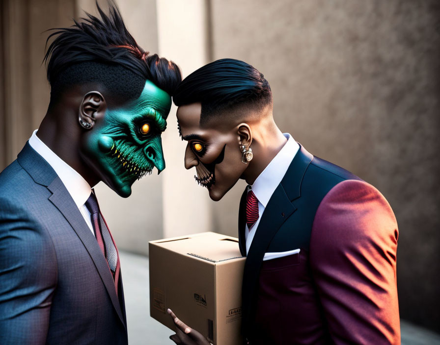 Two people in skull makeup suits holding a box, facing each other.