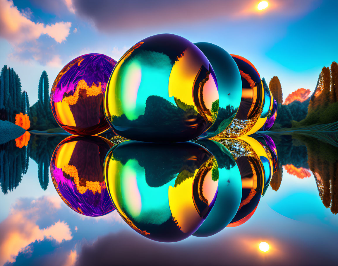 Vibrant Landscape with Shiny Reflective Spheres and Colorful Sky