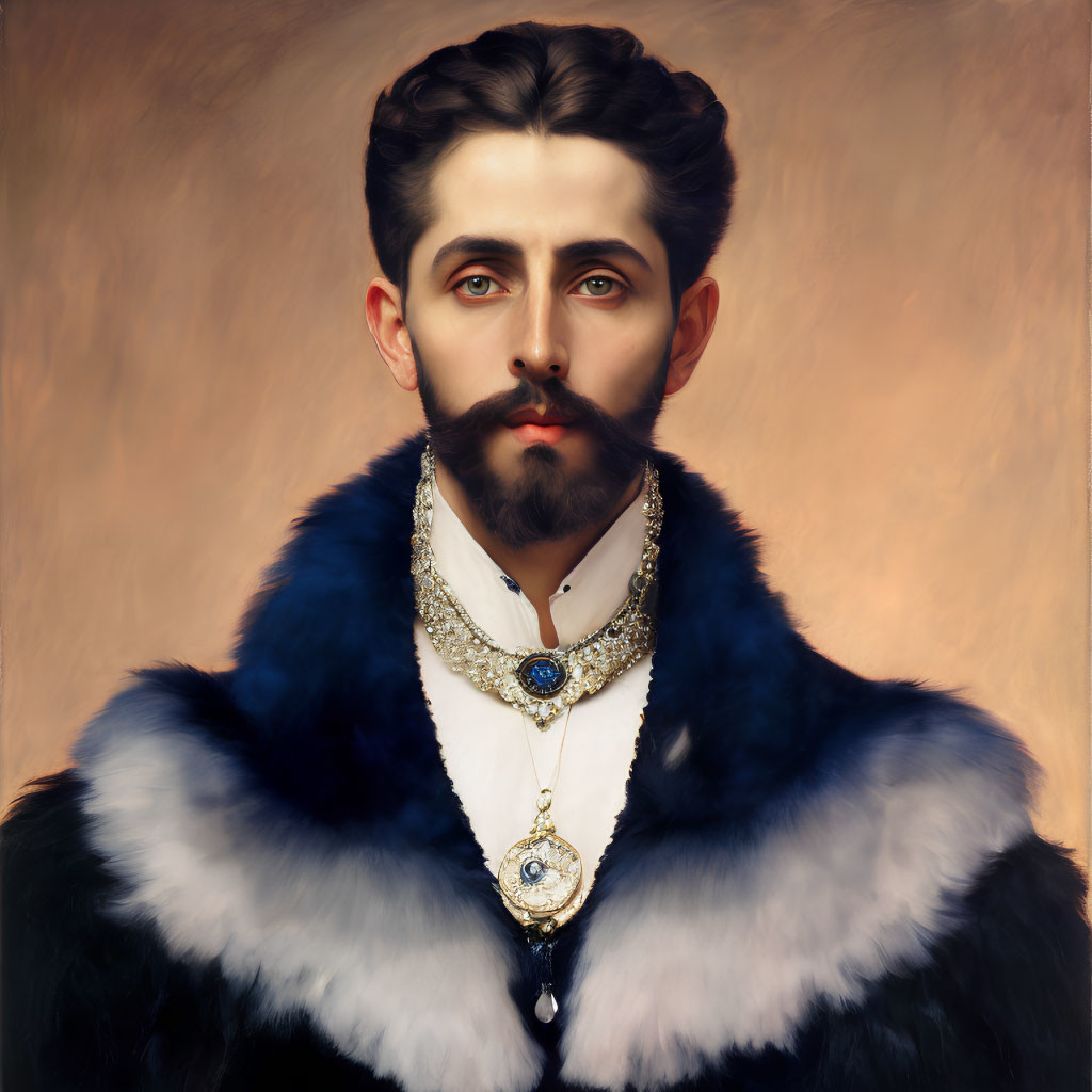 Intense portrait of a man with stylized beard and fur collar