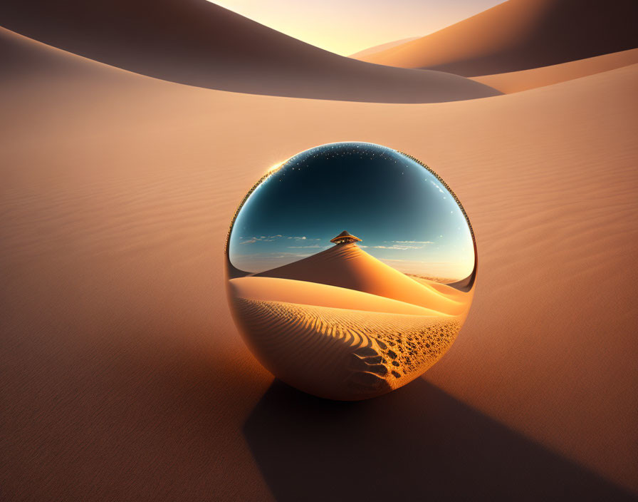 Crystal ball in desert reflects starry sky, dune, and footprints