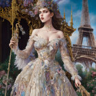 Regal woman in golden gown at Eiffel Tower with scepter