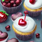 Valentine's Themed Cupcakes with Heart Decorations on Blue Background