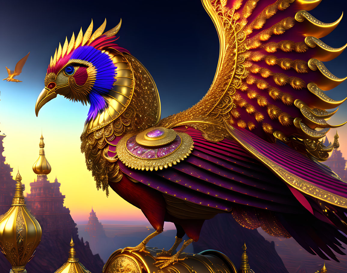 Vibrant digital art: Phoenix-like bird with golden ornaments in sunset setting