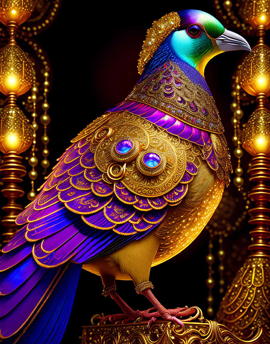 Colorful digitally enhanced peacock with golden and purple hues on dark background