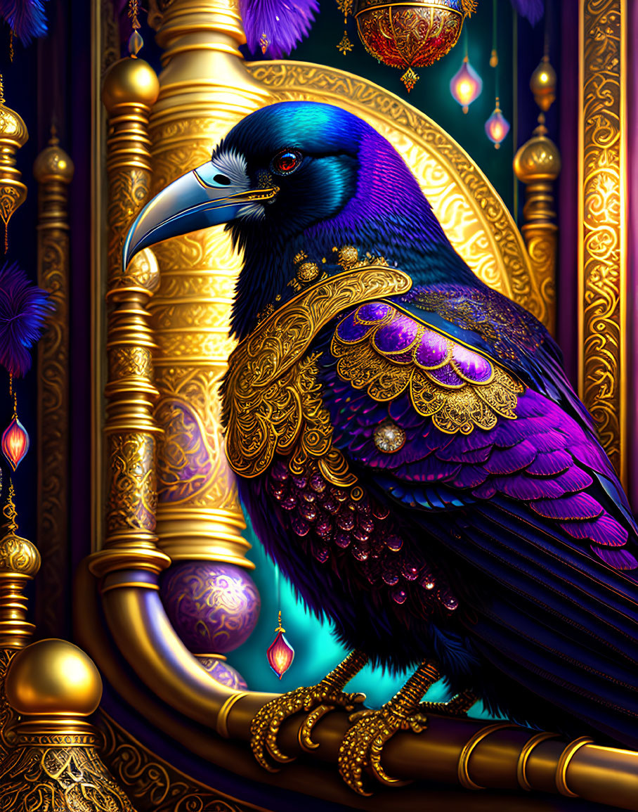 Iridescent Raven on Golden Filigree Background