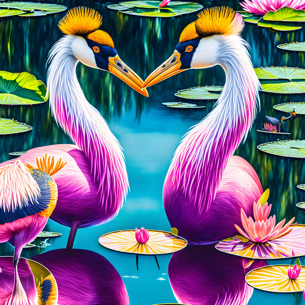 Stylized vibrant flamingos in heart shape by tranquil pond