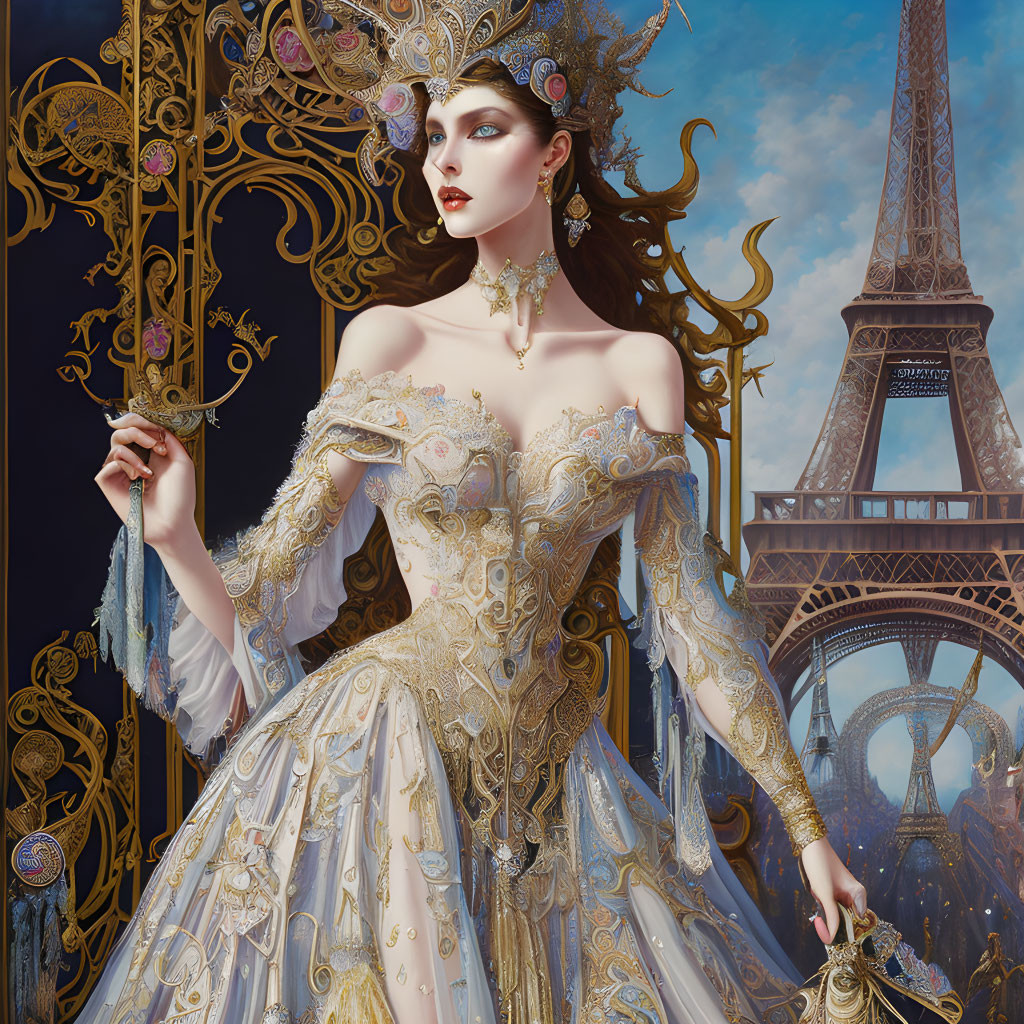 Regal woman in golden gown at Eiffel Tower with scepter