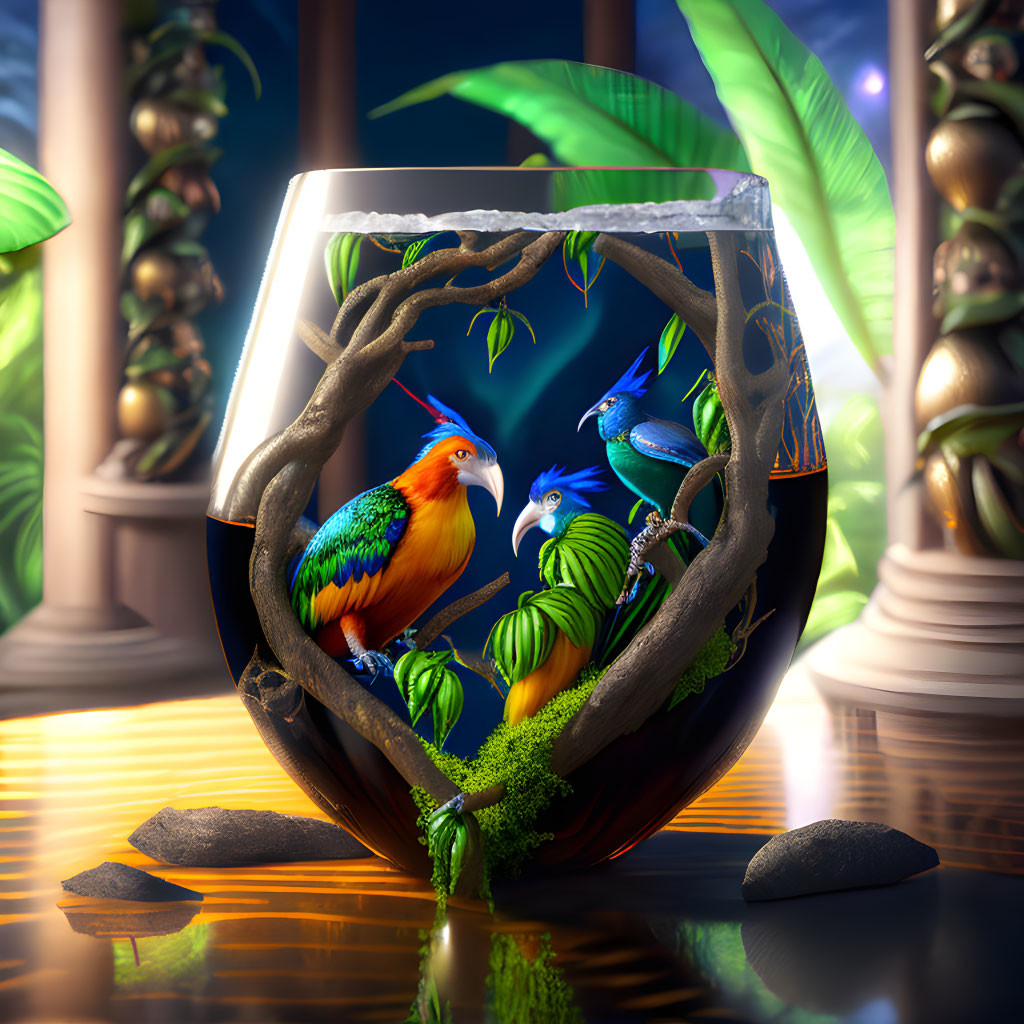 Colorful stylized birds in fishbowl with magical ambiance