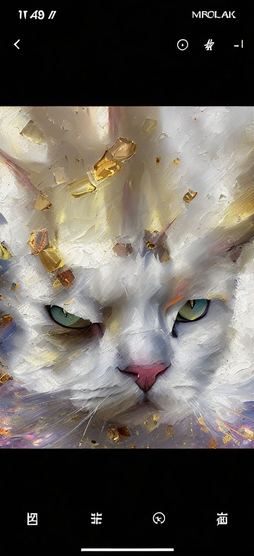 White Cat with Golden Accents and Green Eyes on Smartphone Screen