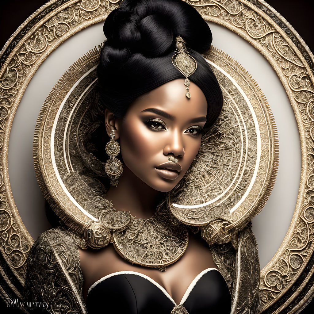 Woman portrait adorned with gold jewelry and intricate headpiece against circular background