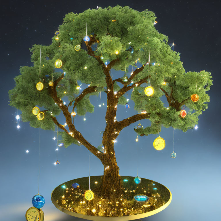 Illustrated tree with clocks and lights on circular platform under starry sky