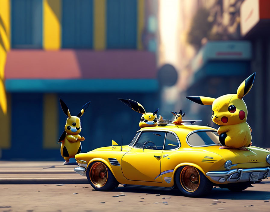 Three Pikachu Characters Near Stylized Yellow Car in Urban Scene