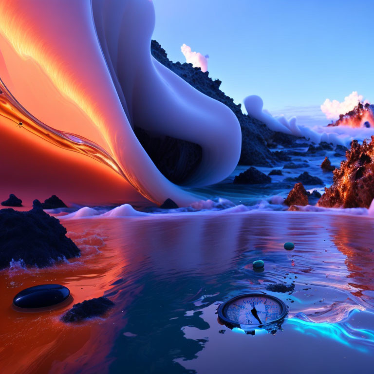 Vibrant blue ocean with floating compass under surreal orange sky