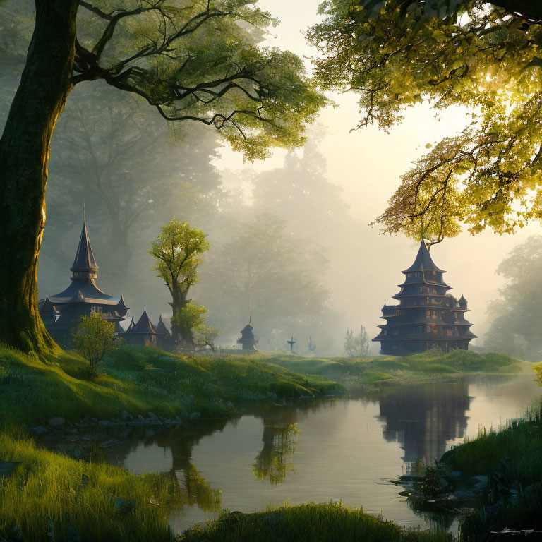 Tranquil landscape with pagoda buildings by river and greenery