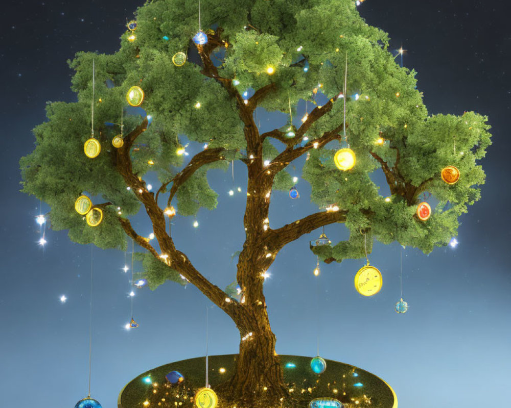 Illustrated tree with clocks and lights on circular platform under starry sky